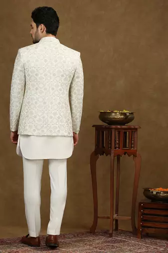 Off white indowestern with lucknowi embroidered jacket