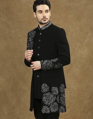 Black hand embroidered cutdana work indowestern with short back pattern 3