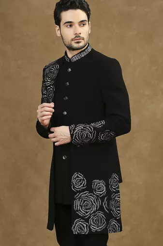 Black hand embroidered cutdana work indowestern with short back pattern