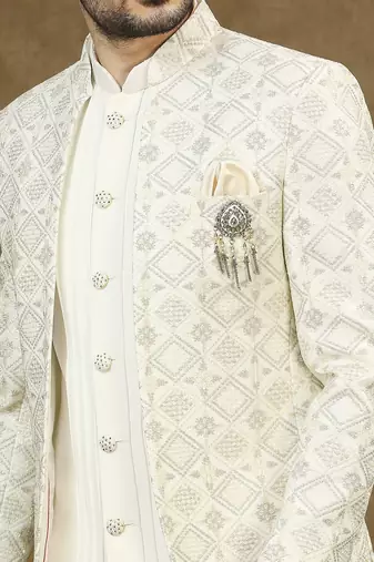 Off white indowestern with lucknowi embroidered jacket