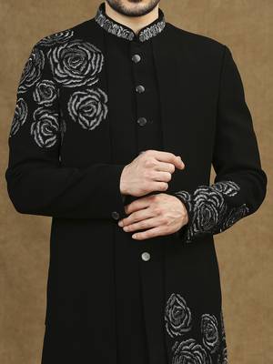 Black hand embroidered cutdana work indowestern with short back pattern 4