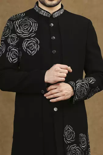 Black hand embroidered cutdana work indowestern with short back pattern