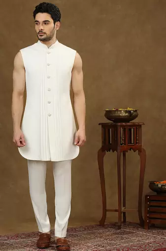 Off white indowestern with lucknowi embroidered jacket