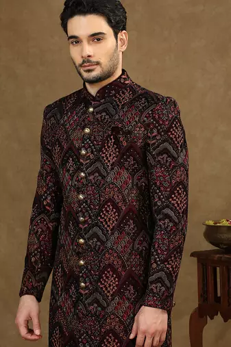 Maroon Sherwani Featuring Thread Work Embroidery