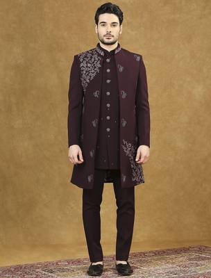Maroon open pattern indowestern with hand embroidery 1