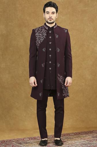 Maroon open pattern indowestern with hand embroidery