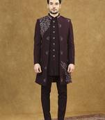 Maroon open pattern indowestern with hand embroidery