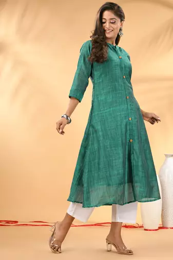 Green textured cotton handloom a-line kurta
