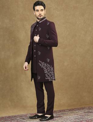 Maroon open pattern indowestern with hand embroidery 2