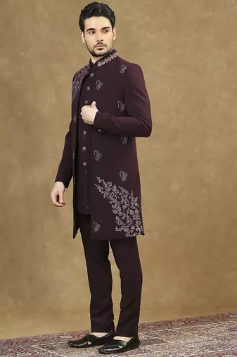 Maroon open pattern indowestern with hand embroidery