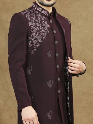 Maroon open pattern indowestern with hand embroidery 3