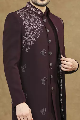Maroon open pattern indowestern with hand embroidery