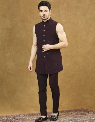 Maroon open pattern indowestern with hand embroidery 4