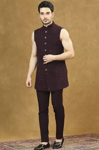Maroon open pattern indowestern with hand embroidery