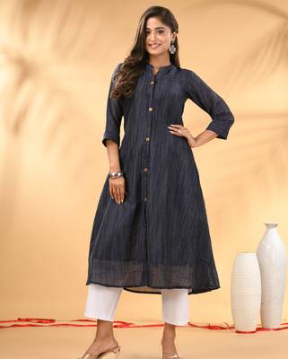 Midnight blue textured cotton handloom a-line kurta 1