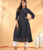 Midnight blue textured cotton handloom a-line kurta