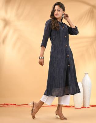Midnight blue textured cotton handloom a-line kurta 2