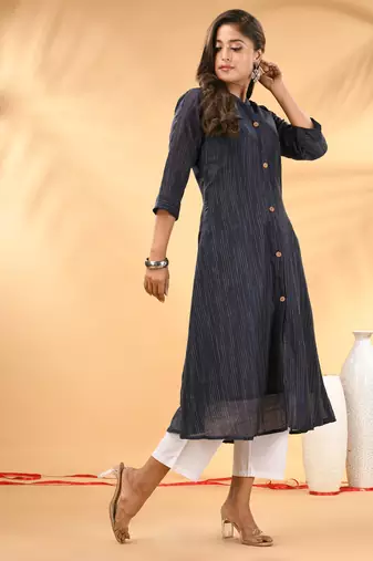 Midnight blue textured cotton handloom a-line kurta
