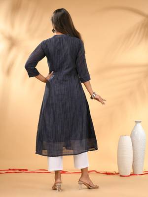 Midnight blue textured cotton handloom a-line kurta 3