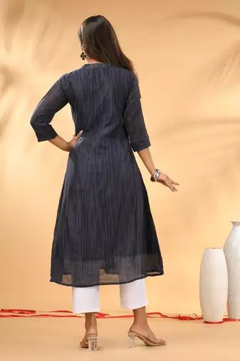Midnight blue textured cotton handloom a-line kurta