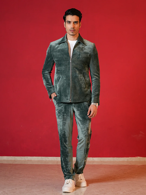 Green corduroy bomber jacket with trouser co-ord set 1