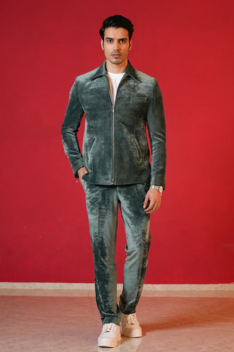 Green corduroy bomber jacket with trouser co-ord set