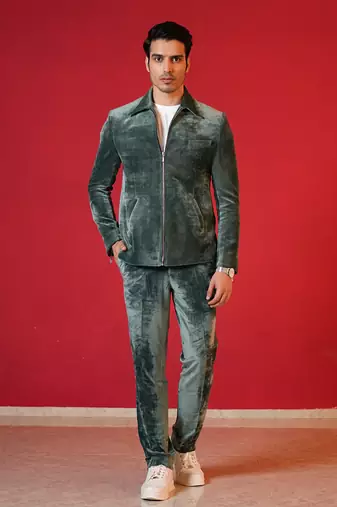Green corduroy bomber jacket with trouser co-ord set
