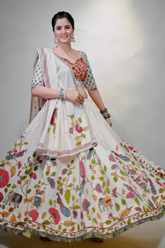 White Pure Cotton Lehenga Choli with Gamathi Embroidery & Real Mirror Work     Includes Blouse and Dupatta