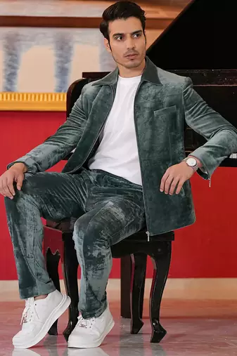 Green corduroy bomber jacket with trouser co-ord set
