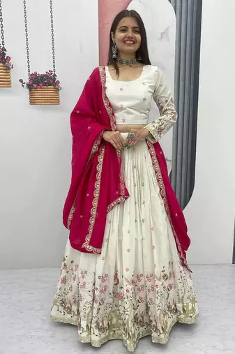 White Pure Vichitra Silk Lehenga Choli with Heavy Embroidery, Sequin & Thread Work     With Blouse & Dupatta