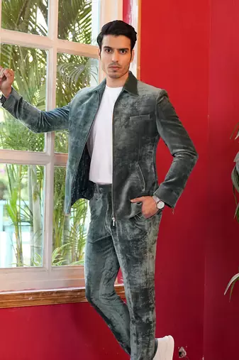 Green corduroy bomber jacket with trouser co-ord set
