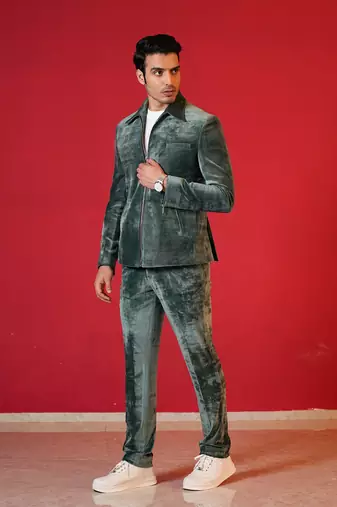 Green corduroy bomber jacket with trouser co-ord set