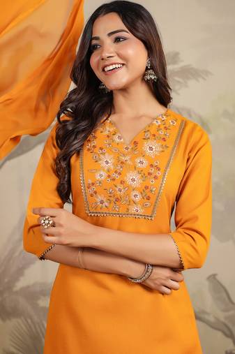 mustard cotton blend yoke embroidered straight kurta set