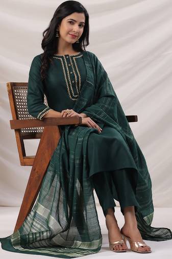 dark green cotton blend yoke design straight kurta set