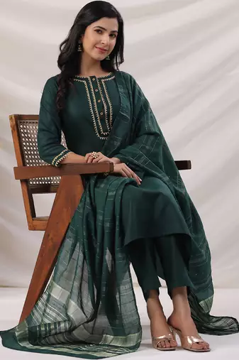 dark green cotton blend yoke design straight kurta set
