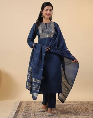 blue cotton blend yoke embroidery straight kurta set 1