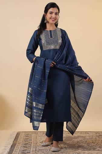 blue cotton blend yoke embroidery straight kurta set