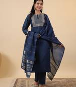 blue cotton blend yoke embroidery straight kurta set