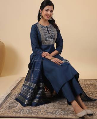 blue cotton blend yoke embroidery straight kurta set 3