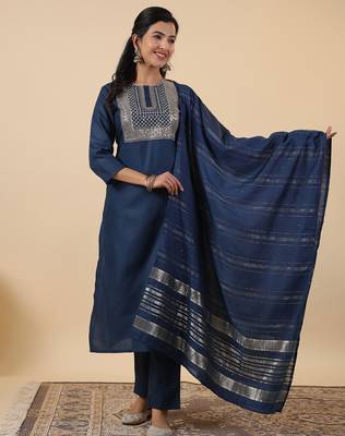 blue cotton blend yoke embroidery straight kurta set 4