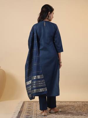 blue cotton blend yoke embroidery straight kurta set 5