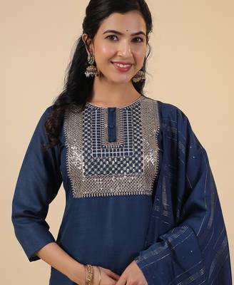 blue cotton blend yoke embroidery straight kurta set 6