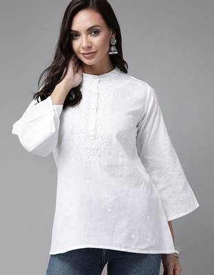 Hand embroidered white linen lucknowi chikankari short kurti 1