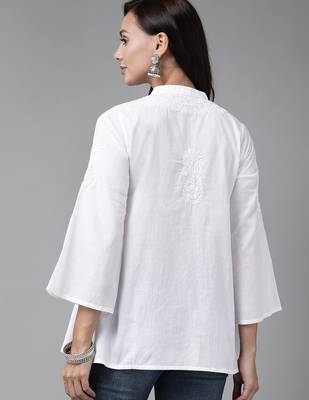 Hand embroidered white linen lucknowi chikankari short kurti 2