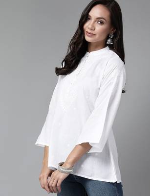 Hand embroidered white linen lucknowi chikankari short kurti 3