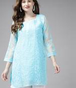 Hand embroidered blue organza lucknowi chikankari short kurti with slip