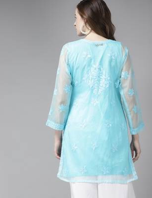 Hand embroidered blue organza lucknowi chikankari short kurti with slip 2