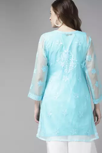 Hand embroidered blue organza lucknowi chikankari short kurti with slip
