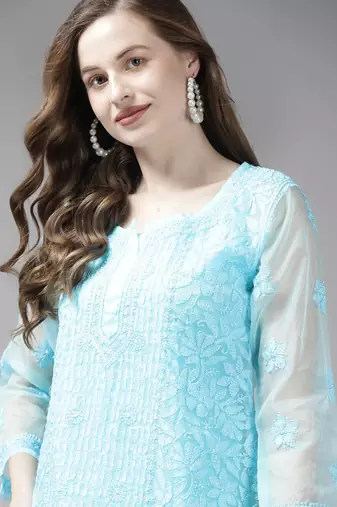 Hand embroidered blue organza lucknowi chikankari short kurti with slip