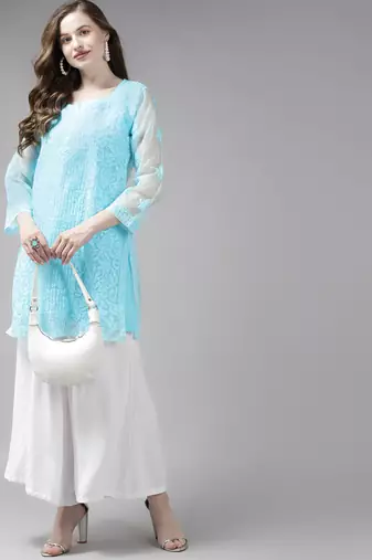 Hand embroidered blue organza lucknowi chikankari short kurti with slip